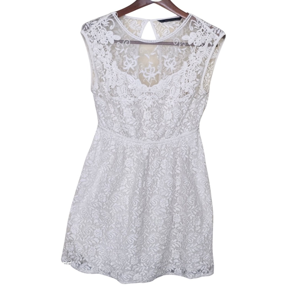 Zara Trafaluc Lace Mini Dress Womens Large Cream Sleeveless Open Back Floral